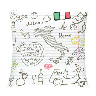 Personality  Italy Doodles Elements. Hand Drawn Set With Pizza Scooter, Wine, Cheese And Map. Drawing Doodle Collection, On Paper Background Pillow Covers