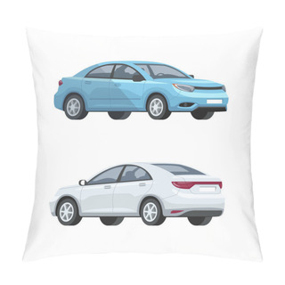 Personality  Elegant Cars Semi Flat RGB Color Vector Illustrations Set. Luxury Gray And Blue Automobiles. New Vehicles Side, Front, Back View. Urban Transport Means Isolated Cartoon Items On White Background Pillow Covers