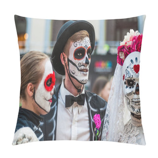 Personality  MOSCOW, RUSSIA - June 29, 2018: The 2018 FIFA World Cup. A National House For Mexican Fans In Gostiny Dvor. Celebration Of The Day Of The Dead. Young People Disguised As Skeletons Pillow Covers