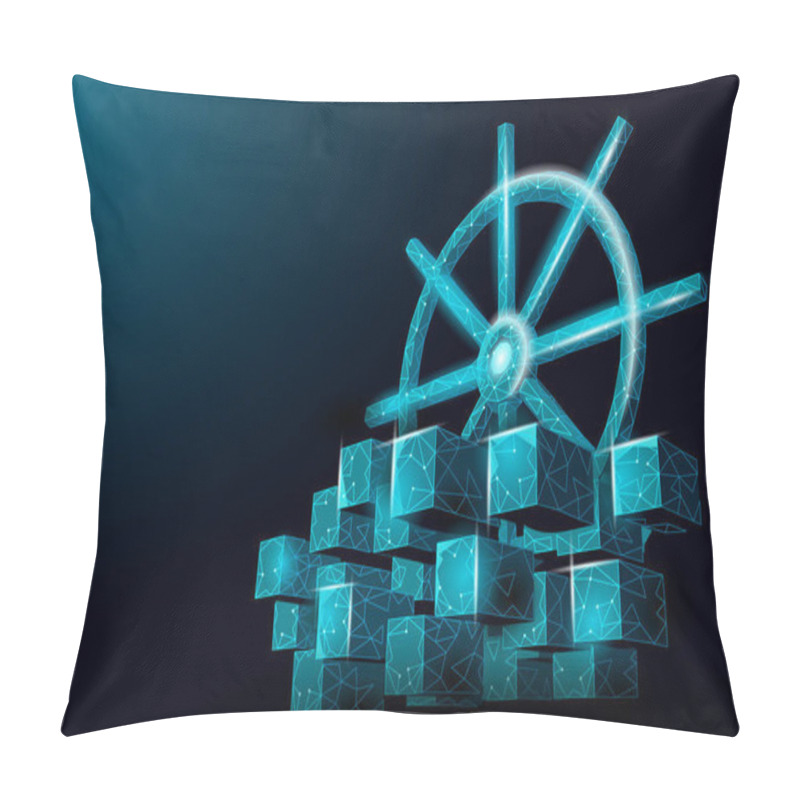 Personality  Wheel Helm On Container Computer Developer App Concept. Business Digital Open Source Program. Data Coding Steering 3D Low Polygonal Vector Line Illustration Pillow Covers