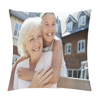 Personality  Granddaughter Hugging Grandmother On Bench During Visit To Retirement Home Pillow Covers