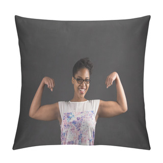 Personality  African Woman With Strong Arms On Blackboard Background Pillow Covers
