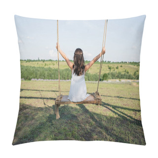 Personality  Back View Of Child In Summer Dress Riding Swing In Meadow Pillow Covers