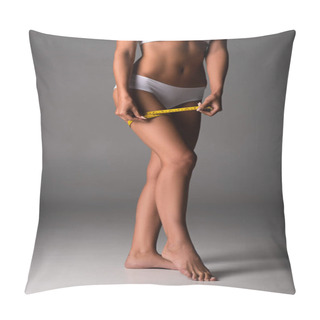 Personality  Partial View Of Sexy Barefoot Girl In Underwear Using Measuring Tape On Grey Pillow Covers