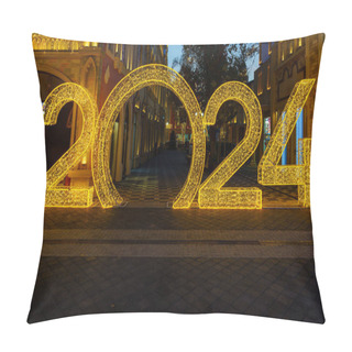 Personality  Christmas Decoration In The Form Of The Number 2024 From Luminous Garlands At Nighttime. Pillow Covers