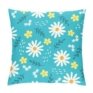 Personality  Seamless Vector Pattern Yellow And White Daisy Flowers On Blue Textile Scrapbook Wrapping. Vector Illustration Pillow Covers