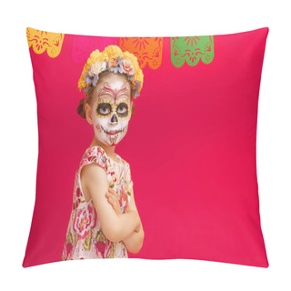 Personality  Adorable Zombie In Flower Wreath Posing On Red Background. Happy Child With Halloween Creative Makeup. Girl Celebrating For Mexican Day Of The Dead. Pillow Covers