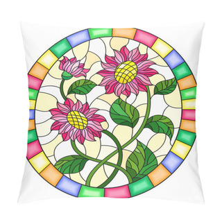 Personality  Illustration In Stained Glass Style With Pink Flowers  On Ayellow Background In A Bright Frame,oval  Image Pillow Covers