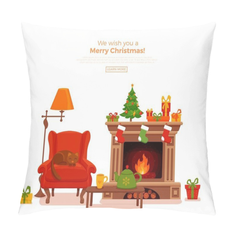Personality  Christmas room interior in colorful cartoon flat style. pillow covers