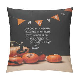 Personality  Pumpkins, Paper Bats And Paper Garland With Word Happy And Halloween Poem Pillow Covers