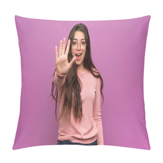 Personality  Teenager Girl Over Purple Wall Counting Five With Fingers Pillow Covers