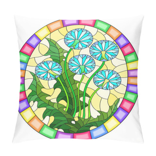 Personality  Illustration In Stained Glass Style Flower Of  Taraxacums On A Yellow Background In A Bright Frame,oval  Image Pillow Covers