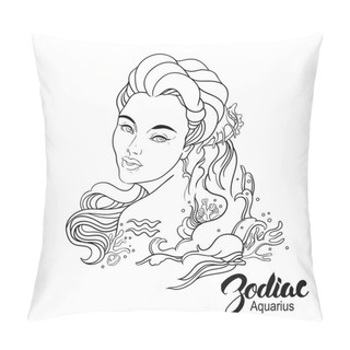 Personality  Zodiac. Vector Illustration Of Aquarius As Girl With Flowers. Pillow Covers