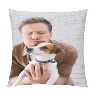 Personality  Selective Focus Of Man With Face Expression Embracing Jack Russell Terrier On Urban Street  Pillow Covers