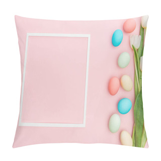 Personality Top View Of Tulips And Pastel Easter Eggs With Frame Isolated On Pink Pillow Covers