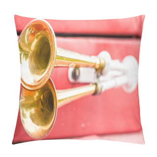 Personality  Close Up View Of Two Shiny Metal Horns On Red Firefighter Car. Pillow Covers