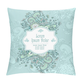Personality  Vintage Frame With Doodle Flowers On Blue Pillow Covers