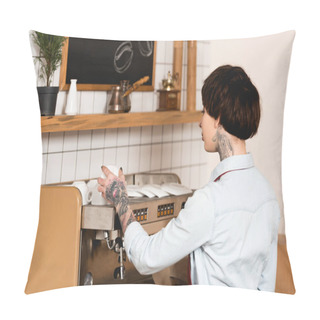 Personality  Attractive Tattooed Barista Standing Near Espresso Machine In Cafe  Pillow Covers