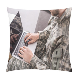 Personality  Partial View Of Army Soldier Using Laptop On Couch Pillow Covers