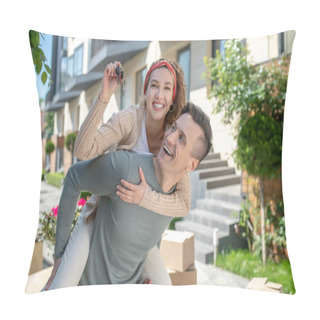 Personality  Smiling Woman Sitting On Her Husbands Back And Feeling Excited Pillow Covers