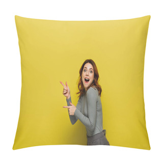 Personality  Astonished Woman Pointing With Fingers While Looking At Camera On Yellow Pillow Covers