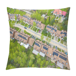 Personality  Looking Down, Panel Rooftop One The Leading Renewable And Sustainable Energy Efficiency Neighborhood Suburb Is Covered In Rooftop Solar Energy. Aerial Pillow Covers