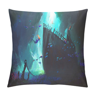 Personality  Mermaid Surrounds The Sunken Ship At The Bottom Of The Sea, Digital Painting. Pillow Covers