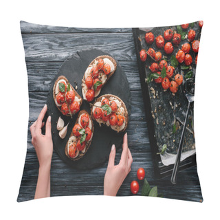 Personality  Woman Serving Sandwiches With Cheese And Baked Tomatoes On Dark Slate Board Pillow Covers