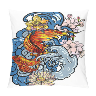 Personality  Colorful Siamese Fighting Fish Or Betta Fish Swimming In Japanese Wave With Peony And Daisy Flowers For Hand Drawn Tattoo Art Design In  Geometric And Circular Ornament Frame Pillow Covers