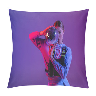Personality  Young And Stylish Woman Covering Face With Shiny Disco Ball On Purple Pillow Covers