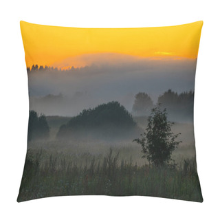 Personality  Wonderful Mist Or Fog Summer Evening Or Morning, Sunset Or Sunrise, Meadow Landscape, Wonderful Mysterious Nature Pillow Covers