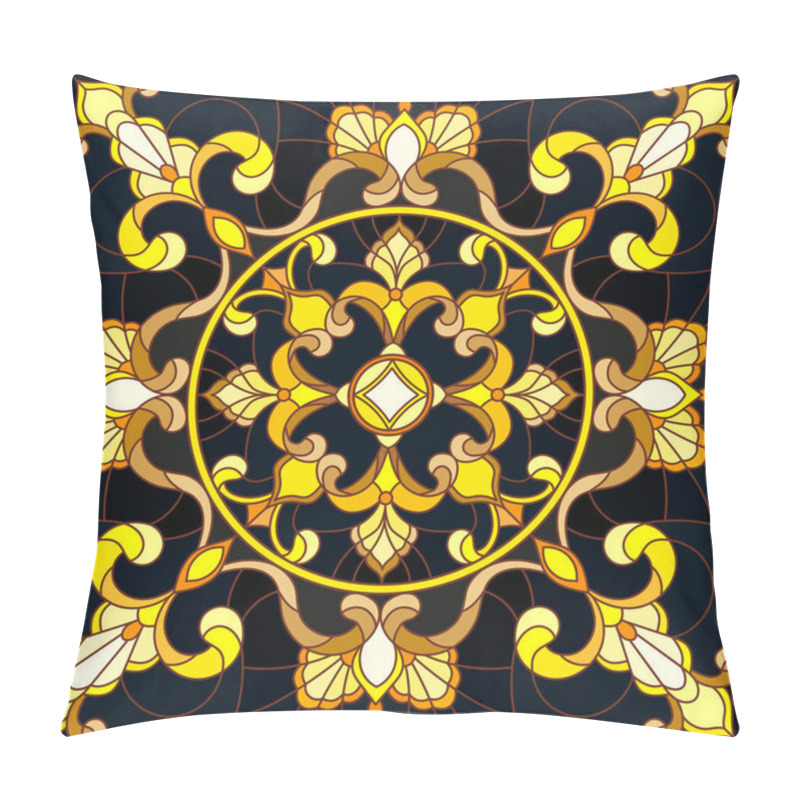 Personality  Illustration in stained glass style with floral ornament ,imitation gold on dark background with swirls and floral motifs pillow covers