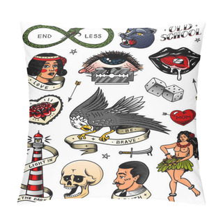 Personality  Set Of Vintage Old School Tattoo. Characters Playing Cards, Hawaiian Hula Dancer Woman, Lips And Lighthouse, Panther, Dice And Snake. Engraved Hand Drawn Sketch. Badges, Print Or Patches For T-shirt.  Pillow Covers