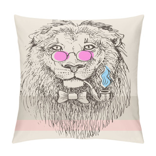Personality  Artwork Of Hipster Lion Smoking Tube In Pink Glasses Pillow Covers