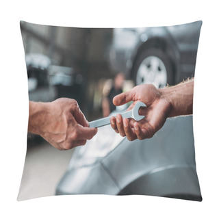 Personality  Partial View Of Auto Mechanics With Wrench In Repair Shop Pillow Covers