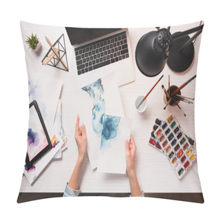 Personality  Office Desk With Laptop, Art Supplies And Cropped View Of Designer Holding Drawings, Flat Lay Pillow Covers