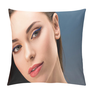 Personality  Portrait Of Beautiful Woman With Glamorous Makeup Looking At Camera Isolated On Blue Pillow Covers