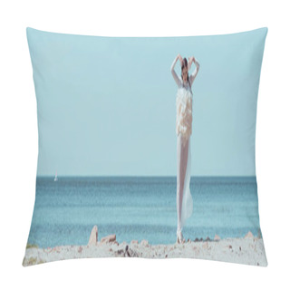 Personality  Panoramic View Of Elegant Woman In White Swan Costume Standing On Sandy Beach Pillow Covers