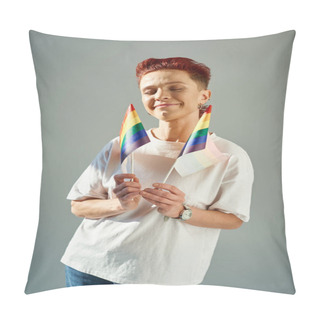 Personality  Redhead Queer Person In White T-shirt Holding Small LGTB Flags And Smiling With Closed Eyes On Grey Pillow Covers