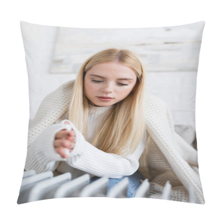Personality  Young Blonde Woman Covered In Blanket Warming Frozen Hands Near Radiator Heater Pillow Covers