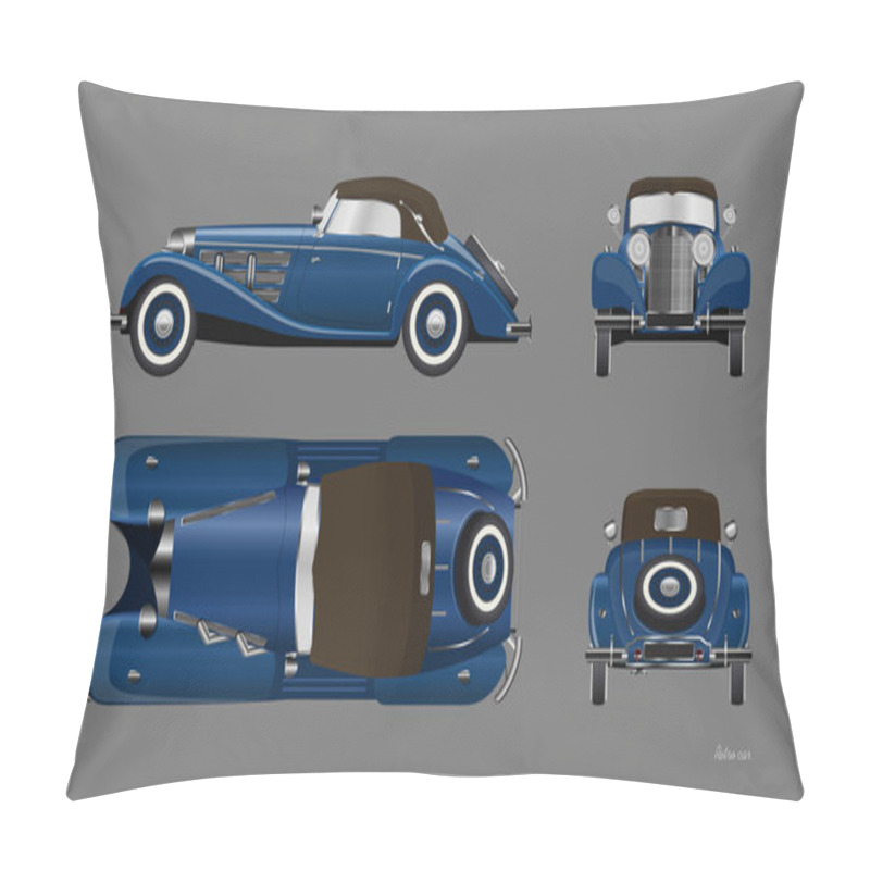 Personality  Blue retro car on gray background. Vintage cabriolet in realistic style. Front, side, top and back view. Industrial isolated blueprint. 3d automobile pillow covers