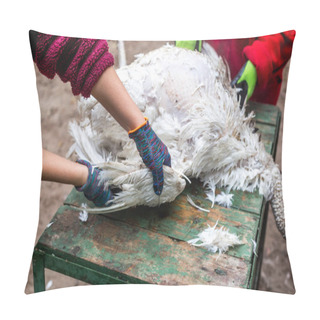 Personality  The Process Of Removing Feathers From A Dead Turkey. Slaughter And Plucking A Turkey Pillow Covers