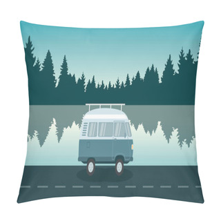 Personality  Road Trip Adventure With Camper Van By Lake And Pine Forest Nature Landscape Vector Illustration EPS10 Pillow Covers