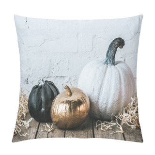 Personality  Still Life Of Various Painted Halloween Pumpkins On Wooden Surface Pillow Covers