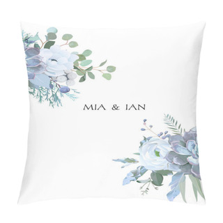 Personality  Dusty Blue And White Flowers, Ranunculus, Anemone, Eucalyptus, J Pillow Covers