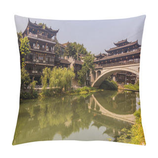 Personality  Bridge Reflecting On A River In Furong Zhen Town, Hunan Province, China Pillow Covers