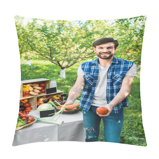 Personality  Handsome Smiling Farmer Showing Ripe Ecological Vegetables At Farmer Market Pillow Covers