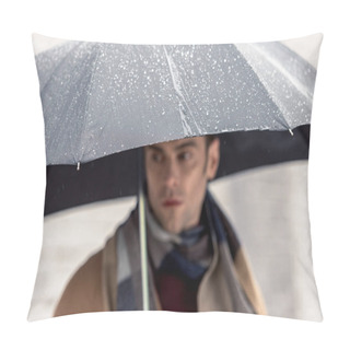 Personality  Handsome Man In Coat And Scarf With Umbrella Standing On Street Pillow Covers