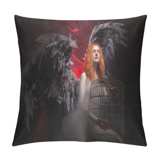 Personality  An Evil Tempting Woman With Large Demon Wings Holds An Apple In A Large Cage And Beckons To Sin. Halloween Photo Plus Size Girl With Red Hair On A Huge Gothic Throne. Pillow Covers