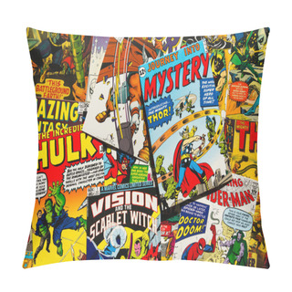 Personality  PRAGUE, CZECH REPUBLIC - JANUARY 29: Colorful Vintage Comic Magazine Covers Top View Flat Lay Composition On January 29, 2018 In Prague, Czech Republic. Pillow Covers